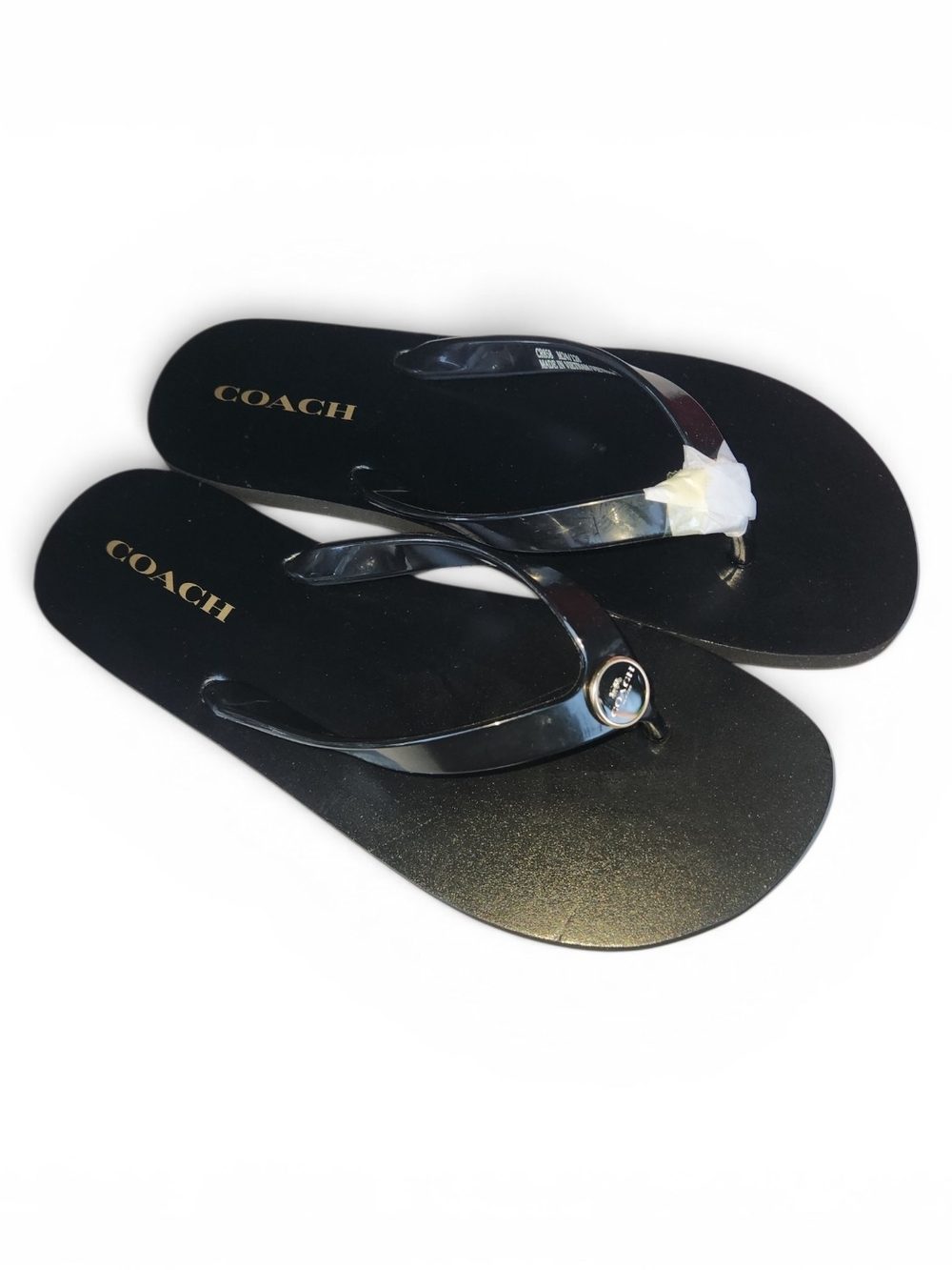 Coach ZAYN Black Flip Flop Womens Sandals Gold Coach Emblem Size 10